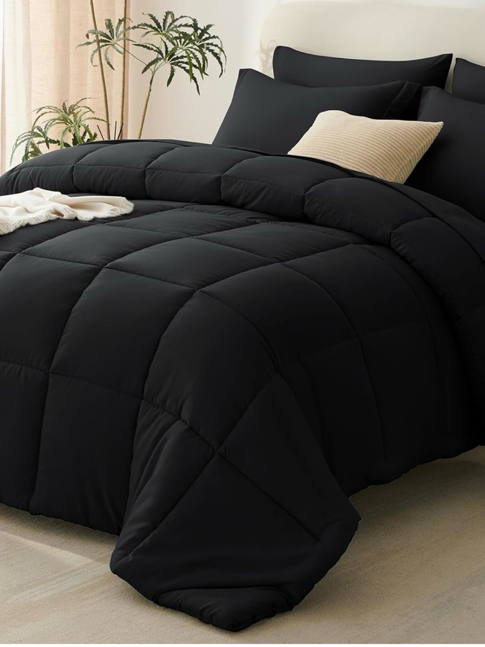 Black Plush Microfiber Comforter Set - Ultra Soft Quilted Bedding